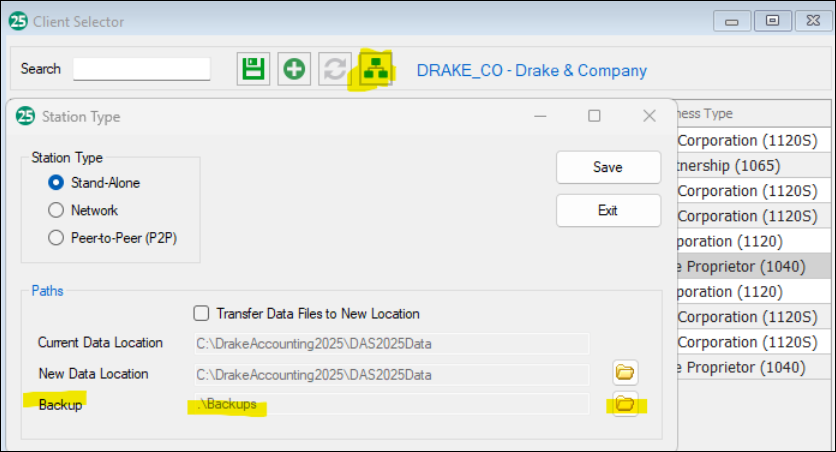 Automatic backup from client selector